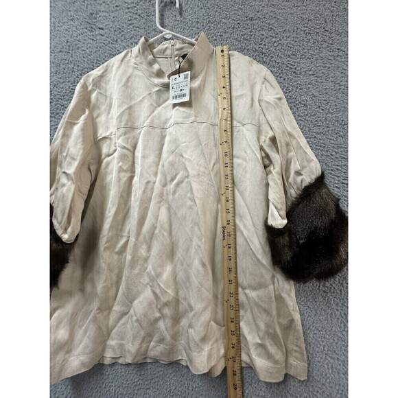 Zara Women Shirt Womens XL Beige cream Blouse Fur Cuffs Mock Neck Back Zipper - Picture 5 of 10